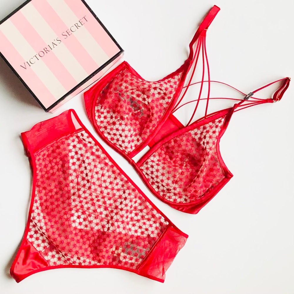 Victoria's Secret Red Sheer Floral Mesh Bralette and High-Waist Brief Set